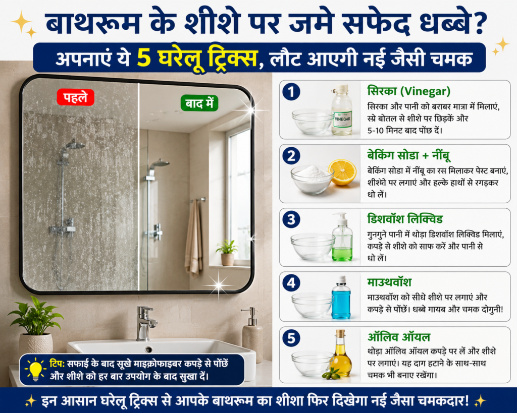 बाथरूम के शीशे पर जमे सफेद धब्बे? अपनाएं ये 5 घरेलू ट्रिक्स, लौट आएगी नई जैसी चमक.. बाथरूम के शीशे पर जमे सफेद धब्बे? अपनाएं ये 5 घरेलू ट्रिक्स, लौट आएगी नई जैसी चमक..